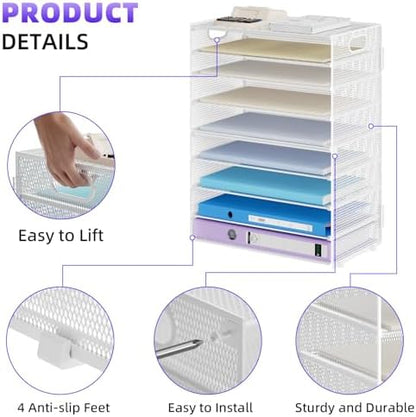 Marbrasse Paper Organizer Letter Tray, 9 Tier Mesh File Organizer with Handle, Paper Sorter Desk Organizer for Home Office Supplies - White