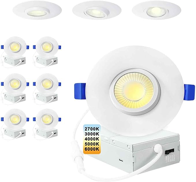 LTpro 3 Inch Gimbal Led Recessed Lights, Waterproof recessed Lights for Shower with Junction Box 10W, Recessed Ceiling LED Lights Dimmable Selectable 5CCT 3000K-5000K, IC Rated.(6 Pack)