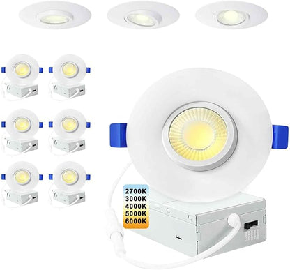 LTpro 3 Inch Gimbal Led Recessed Lights, Waterproof recessed Lights for Shower with Junction Box 10W, Recessed Ceiling LED Lights Dimmable Selectable 5CCT 3000K-5000K, IC Rated.(6 Pack)