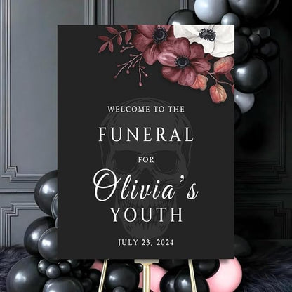 Funeral For My Youth 30th Birthday Party Welcome Sign, Personalized Welcome Board R.I.P Twenties Custom Decor, Gothic Skulls Farewell to Youth.