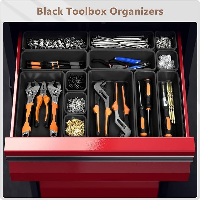 A-LuGei【X-Large Size【5 Pcs】 Tool Box Organizer Tray Divider【Single Size】 Black Plastic Desk Drawer Organizer Garage Organization for Wrench Plier Hammer Bit Socket Extension Screwdriver Bolt Hex key