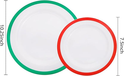 I00000 60PCS Christmas Plastic Plates, Red and Green Plastic Plates, Disposable Set Include 30 Green Dinner Plate, 30 Red Dessert Plate, Perfect for Christmas