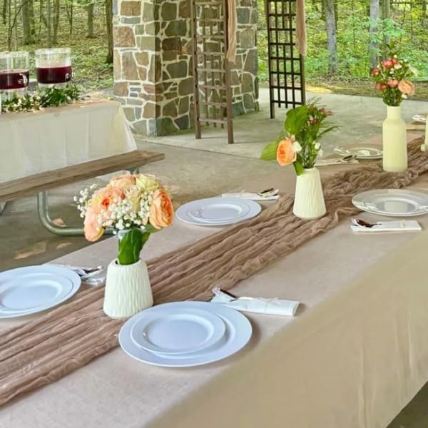 12 Pack Nude Cheesecloth Table Runner,10ft Boho Light Brown Cheese Cloth Table Runner Long Tan Gauze Runner for Wedding Party Bridal Baby Shower Christmas Table Decor