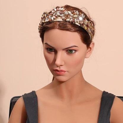 Rhinestone Headband for Women, Baroque Crystal Jeweled Decorative Headband for Girls (Champagne Gold)