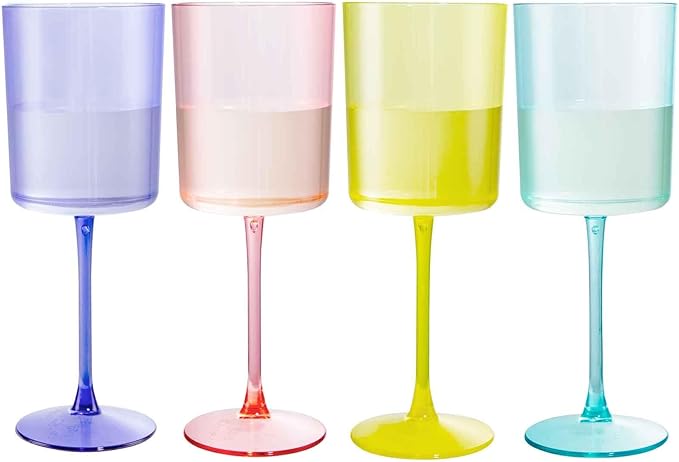 Ciaell 4 Pack Plastic Drinking Glasses - 10 Oz Plastic Glasses with Stem - Disposable Glasses Perfect for Parties & Weddings & Poolside & Outdoors & Camping (Pink Green Purple Yellow)