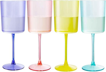 Ciaell 4 Pack Plastic Drinking Glasses - 10 Oz Plastic Glasses with Stem - Disposable Glasses Perfect for Parties & Weddings & Poolside & Outdoors & Camping (Pink Green Purple Yellow)