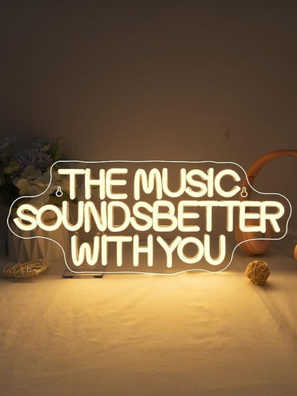 NOSUN White The Music Sounds Better with You Neon Sign Romance Neon Signs for Wall Decor Led Aesthetic Room Decor for Teen Girls Bedroom Salon Party Light