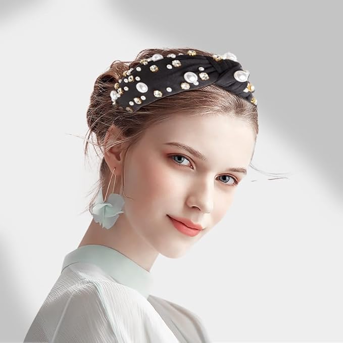 JILIYUPA Carnival Headband Rhinestone Cross Knotted Turban Hair Hoop Carnival Crystal Twist Velvet Wide Hairband Party Hair Accessory (Black, White)