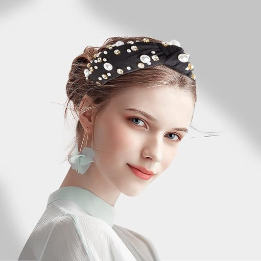 JILIYUPA Carnival Headband Rhinestone Cross Knotted Turban Hair Hoop Carnival Crystal Twist Velvet Wide Hairband Party Hair Accessory (Black, White)
