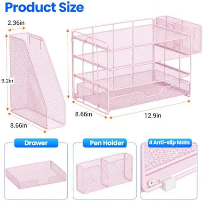 OPNICE Desk Organizers and Accessories, 4-Tier Desktop File Organizer with Drawer and Pen Holders, Office Desk Accessories Workspace Organizers for Office Supplies (Soft Pink)