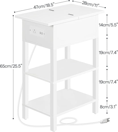 HOOBRO End Table with Charging Station, Flip Top Side Table with USB Ports, Narrow Nightstand Bedside Tables with Storage Shelves, for Small Space, Living Room, White WT141UBZ01
