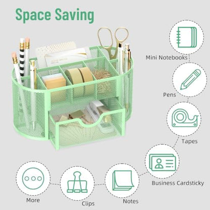 Mesh Desk Organizer with Drawer, 9-Compartment Pen Holder for Desk, Green