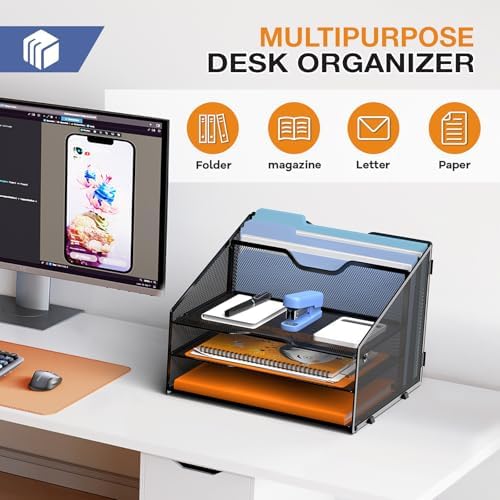 GAWERK Letter Tray Organizer, Mesh Desk File Organizer with 3 Paper Trays and 2 Vertical Upright Section (Blue)