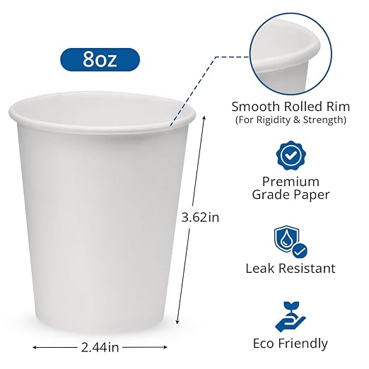 NYHI 300-Pack 8 oz White Disposable Paper Cups for Hot & Cold Drinks - Coffee, Tea, Water - Leak-Proof for Parties & Offices
