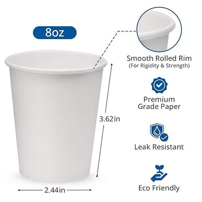 NYHI 300-Pack 8 oz White Disposable Paper Cups for Hot & Cold Drinks - Coffee, Tea, Water - Leak-Proof for Parties & Offices