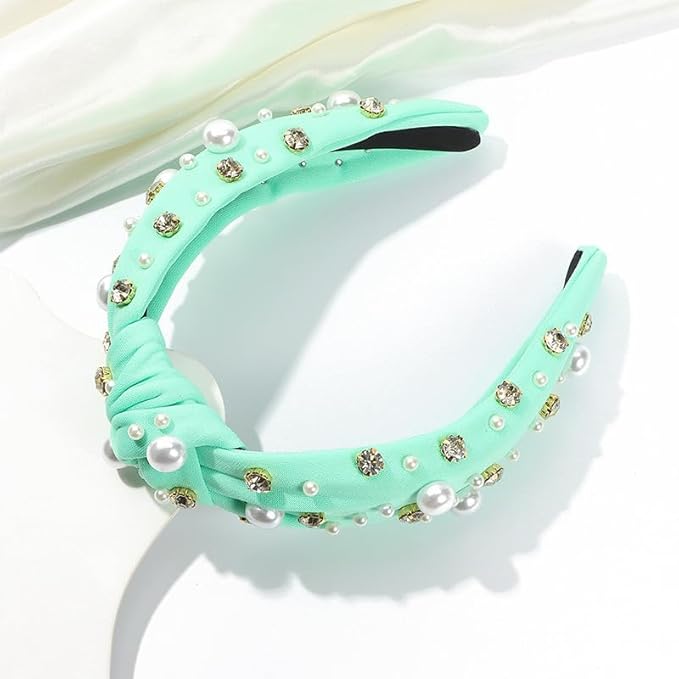 JILIYUPA Pearl Rhinestone Tweed Headband, Green and Yellow, Sparkle Luxury Vintage Embellished Hairband for Women and Girls, 2 Count