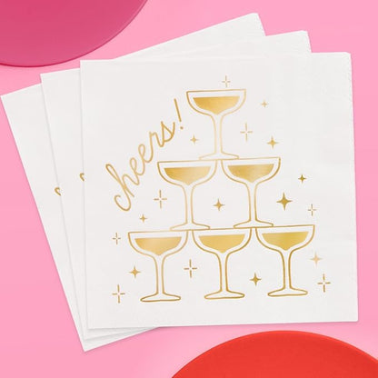 xo, Fetti Gold Foil Cheers Napkins | 3-ply, 50 pcs | Bachelorette Party Champagne Coupe Decorations, Birthday Party Decor, NYE Cocktail Supplies, Celebratory Tableware
