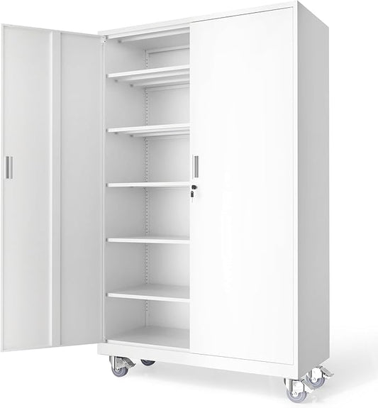 VINGLI Large Metal Storage Cabinet with 2 Doors and 5 Adjustable Shelves, Upgraded Height & Wide & Deep, 43''W x 20''D x 72''H, Oversized Garage Storage Cabinet with Wheels and Locks (White)