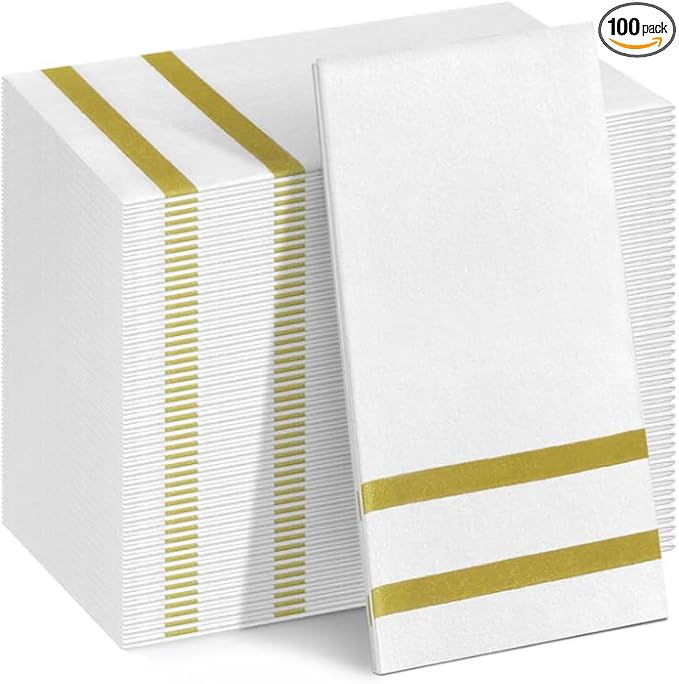 100 Pack Napkins Disposable Guest Towels Linen-Feel Decorative Napkins Soft and Absorbent Dinner Paper Hand Towels for Bathroom Party Powder Room Hotel Fancy Restaurant (100, Gold Line)