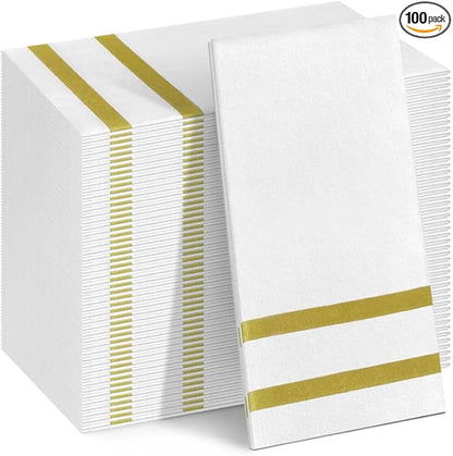 100 Pack Napkins Disposable Guest Towels Linen-Feel Decorative Napkins Soft and Absorbent Dinner Paper Hand Towels for Bathroom Party Powder Room Hotel Fancy Restaurant (100, Gold Line)