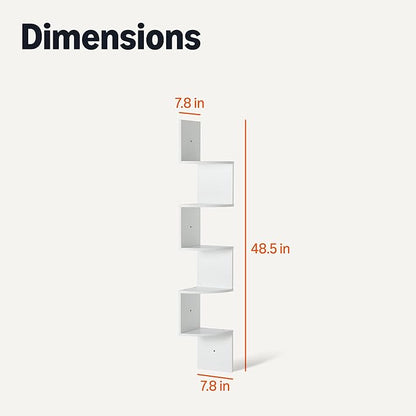 Amazon Basics 5-Tier Corner Shelf, Wall-Mounted, Set of 1, Floating Corner Bookshelf for Living Room, Bedroom, Bathroom, Home Office, 7.8"D x 48.5"W x 7.8"H (Inches), White