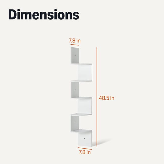 Amazon Basics 5-Tier Corner Shelf, Wall-Mounted, Set of 1, Floating Corner Bookshelf for Living Room, Bedroom, Bathroom, Home Office, 7.8"D x 48.5"W x 7.8"H (Inches), White