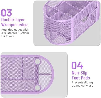 Mesh Desk Organizer with Drawer, 9-Compartment Pen Holder for Desk, Purple