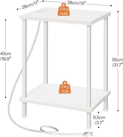 HOOBRO Side Table with Charging Station, Set of 2 End Tables with USB Port and Outlets, Nightstand with 2-Layer Storage Shelves for Small Spaces, Living Room, Bedroom, White WW09UBZP201