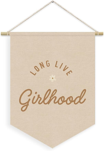 Girl Nursery Decor, Long Live Girlhood Linen Canvas Banner, Pink Preppy Girly Wall Hanging Pennant Flag Banner for Girls Nursery Kids Toddler Room Bedroom Dorm Decor, 15x11in