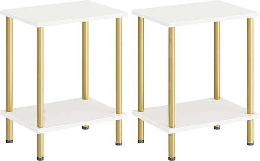 HOOBRO End Tables Set of 2, Small Side Table, Nightstand with 2-Layer Storage Shelves, Sofa Table for Small Spaces, Living Room, Bedroom, Stable Frame, Easy Assembly, White and Gold DW09BZP201