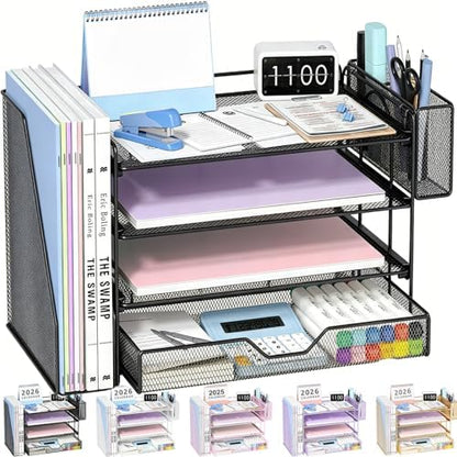 OPNICE Desk Organizers and Accessories, 4-Tier Desktop File Organizer with Drawer and Pen Holders, Office Desk Accessories Workspace Organizers for Office Supplies (Soft Black)