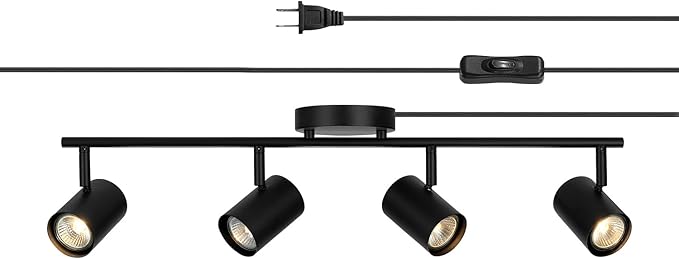 GLOBE Electric 64000119 4-Light Plug-in Track Lighting, Matte Black Finish, Adjustable Heads, Wall or Ceiling Mount, Modern Industrial Design