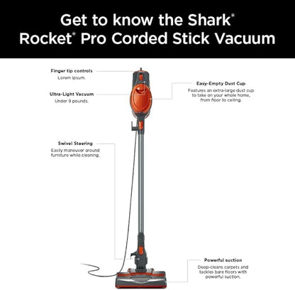 Shark HV302 Rocket Pet Corded Stick Vacuum, Lightweight with Swivel Steering for Carpets & Hard Floors, Converts to Hand Vacuum, Includes Crevice Tool, Pet Multi-Tool & Precision Duster, Orange