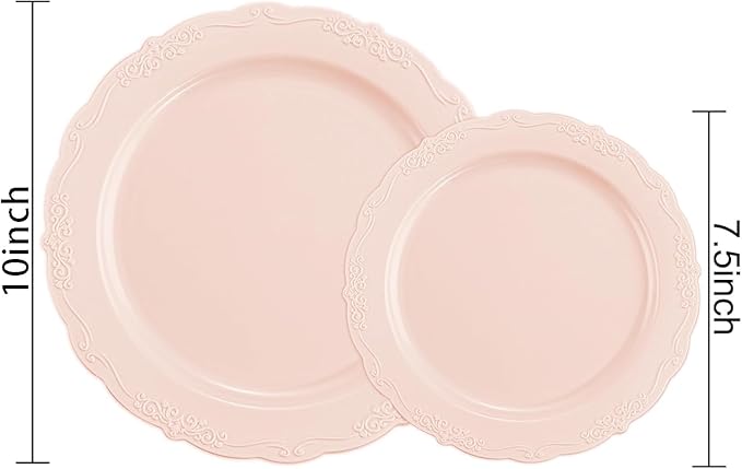U-QE 100PCS Mauve Pink Plastic Plates - Plastic Party Plates Disposable Heavy Duty - Pink Disposable Plates for Party Including 50PCS 10'' Dinner & 50PCS 7.5'' Dessert