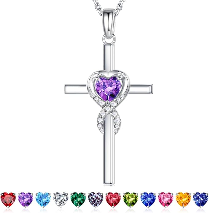 Iefil Cross Necklace for Women - 925 Sterling Silver Birthstone Necklace Jewelry Gifts for Women Wife