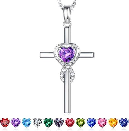 Iefil Cross Necklace for Women - 925 Sterling Silver Birthstone Necklace Jewelry Gifts for Women Wife
