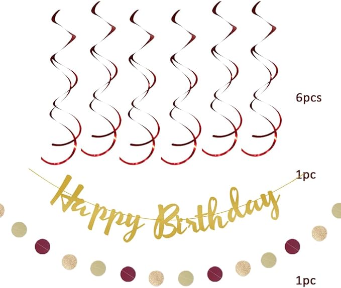 Burgundy Birthday Decorations for Women Maroon and Gold Party Decorations Tissue Paper Pom Poms Paper Fans Lanterns Maroon Birthday Decorations with Happy Birthday Banner Gold Circle Garland