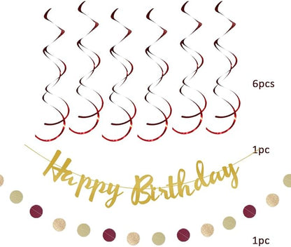 Burgundy Birthday Decorations for Women Maroon and Gold Party Decorations Tissue Paper Pom Poms Paper Fans Lanterns Maroon Birthday Decorations with Happy Birthday Banner Gold Circle Garland