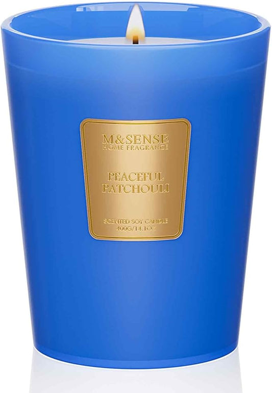 M&SENSE Peaceful Patchouli Scented Natural Soy Wax Candle, 14.1oz 60 Hours Long Lasting Slow Burning, Aromatherapy Fall Winter Candle for Stress Relief Festival Gifts for Home Decor