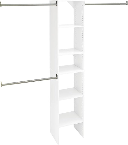ClosetMaid SuiteSymphony Wood Closet Organizer Starter Kit with Tower and 3 Hang Rods, Shelves, Adjustable, Fits Spaces 4 – 9 ft. Wide, Pure White