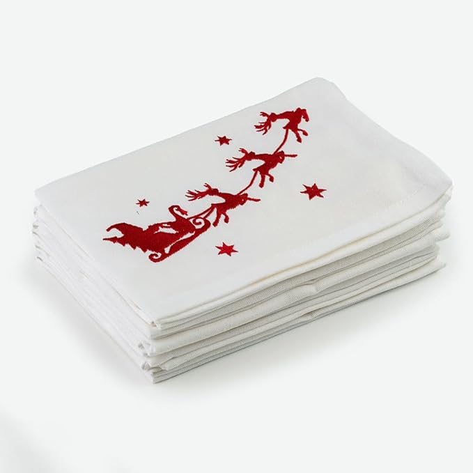 Christmas Cloth Napkins White Dining Table Dinner Napkins |Washable Cotton Napkins Easter Basket Decor|Sleigh Embroidered 18x18 in White Pk of 6 Cocktail Party Napkins