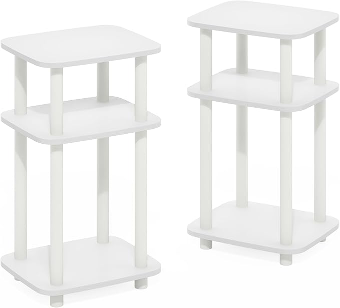 Furinno JUST Side Table Set of 2, 3-Tier Turn-N-Tube End Table with Open Shelf, Round Curve Corner Night Stand, Bedside Table, Easy Assembly, for Living Room, Bedroom, White