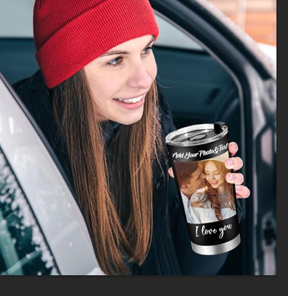 Personalized Tumbler with Pictures Text, Custom Photo Stainless Steel Coffee Tumbler, Coffee Travel Cup Mug 20 Oz Custom Gifts for Fathers Day Christmas Birthday for Dad Mom Kids
