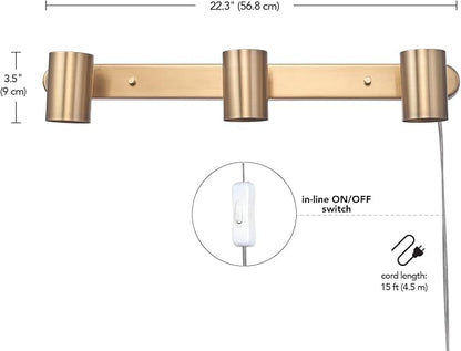 GLOBE Electric 3-Light Plug-in Track Lighting, Matte Brass, Adjustable Heads, 15-Foot Cord, 59469