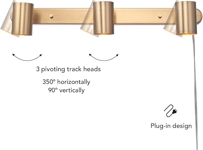 GLOBE Electric 3-Light Plug-in Track Lighting, Matte Brass, Adjustable Heads, 15-Foot Cord, 59469