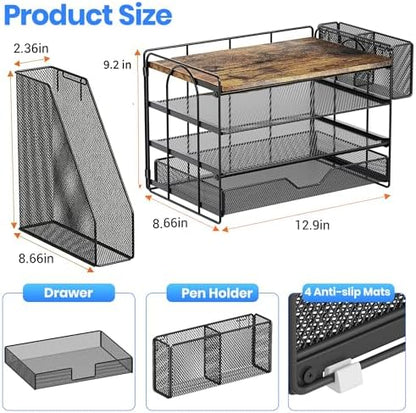 OPNICE Desk Organizers and Accessories, 4-Tier Desktop File Organizer with Drawer and Pen Holders, Office Desk Accessories Workspace Organizers for Office Supplies (Brown)