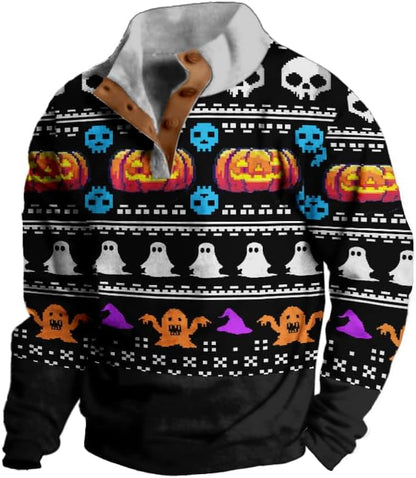 Mens Western Halloween Hoodie Button Up Henley Shirt Cowboys Sweatshirt Men Graphic Long Sleeve Pullover Tops