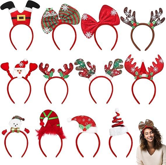 MNKXL 12PCS Christmas Headbands for Adults Bulk,Xmas Headwear Party Favors for Women,Santa Hat Headband