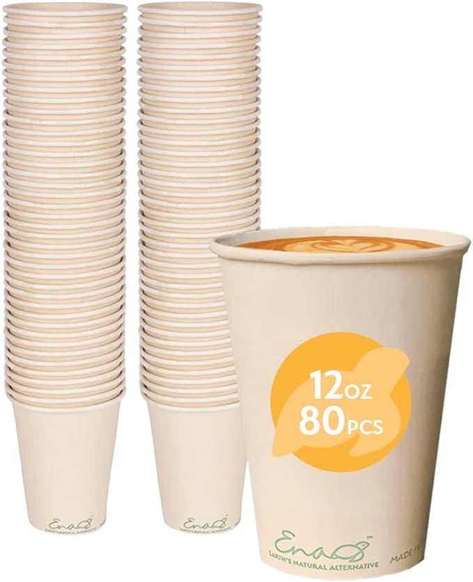 100% Compostable Disposable Coffee Cups [12oz 80 Pack] Paper Cups Made from Bamboo, Eco-Friendly, Biodegradable Premium Party Cups, Natural Unbleached by Earth's Natural Alternative