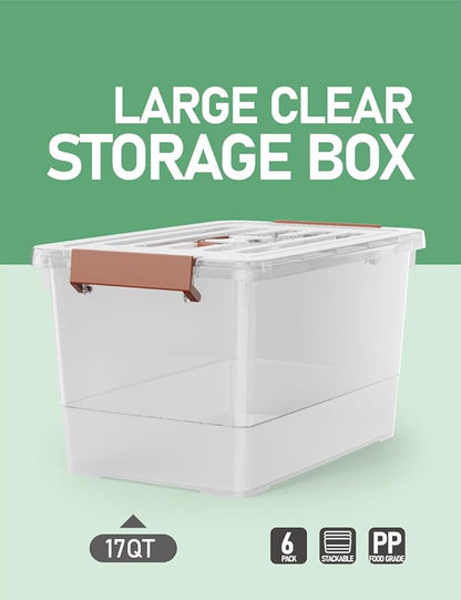 WYT 6 Pack 17qt Clear Plastic Storage Bin with Lid and Latching Buckles, Stackable Tote Organizing Box with Handle